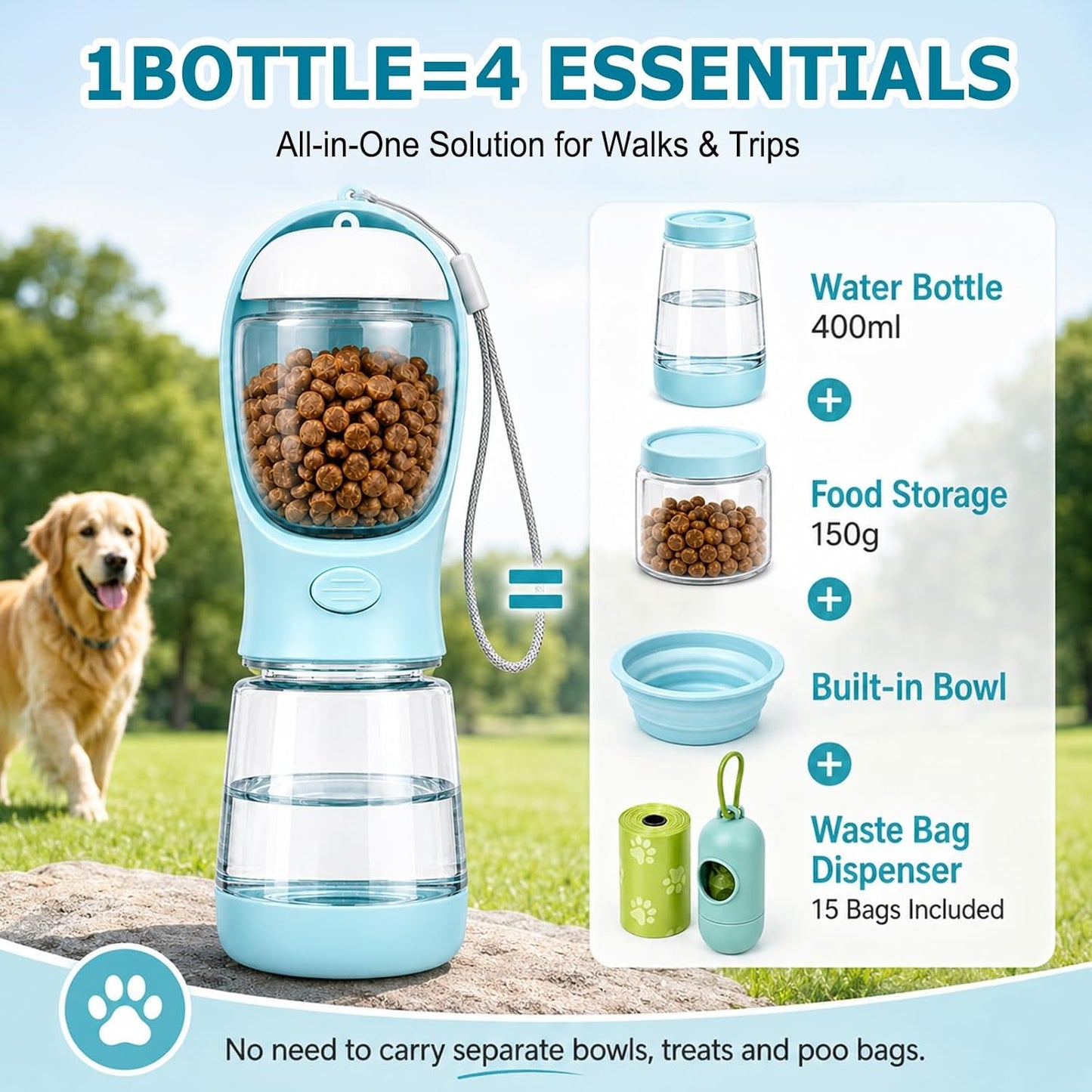 Dog Walking Bottle with Treat and Bag Holder